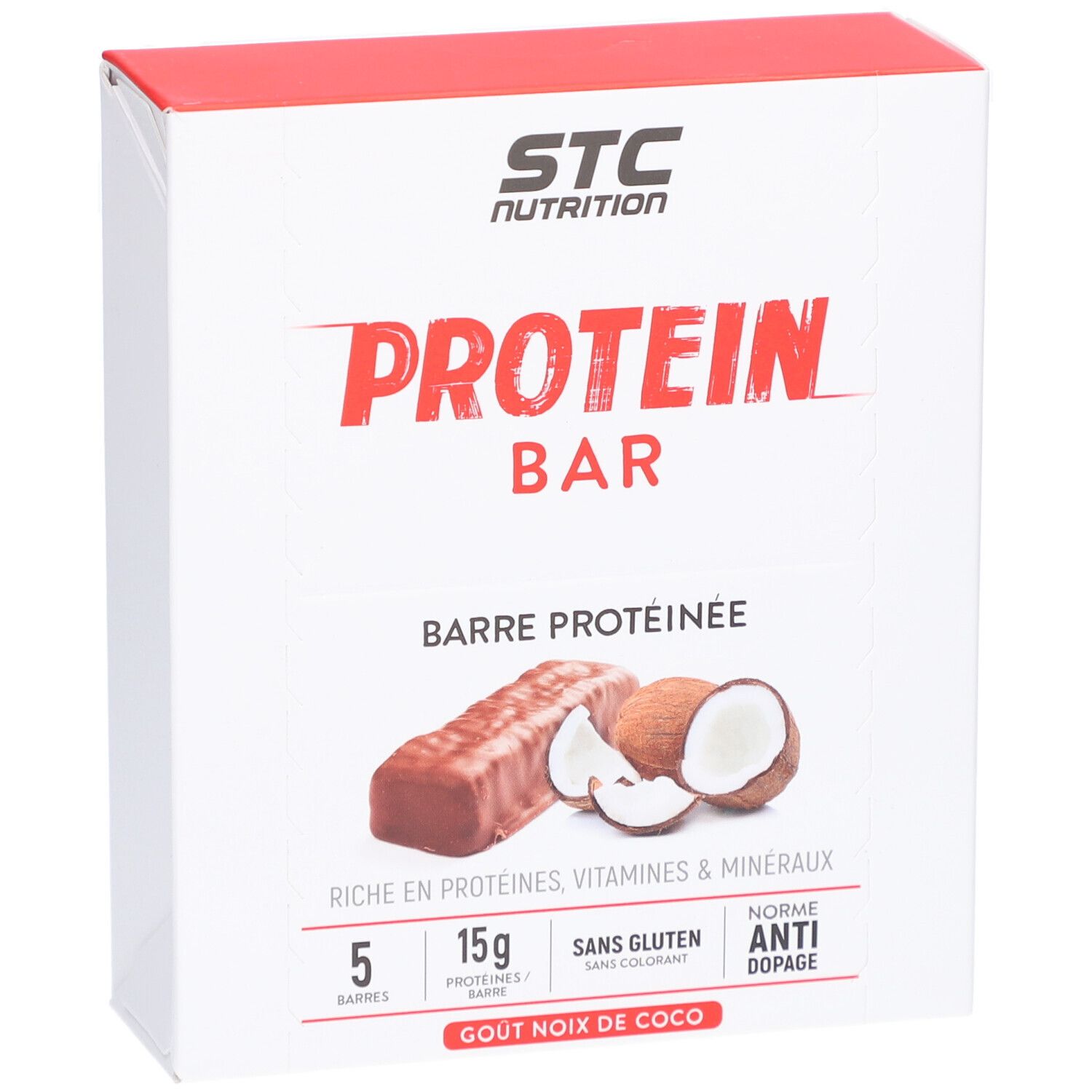 Weiße Verpackung mit rotem Deckel. Aufdruck: STC Nutrition, Protein Bar, Kokosnuss-Geschmack. Abbildung: Proteinriegel und Kokosnuss.