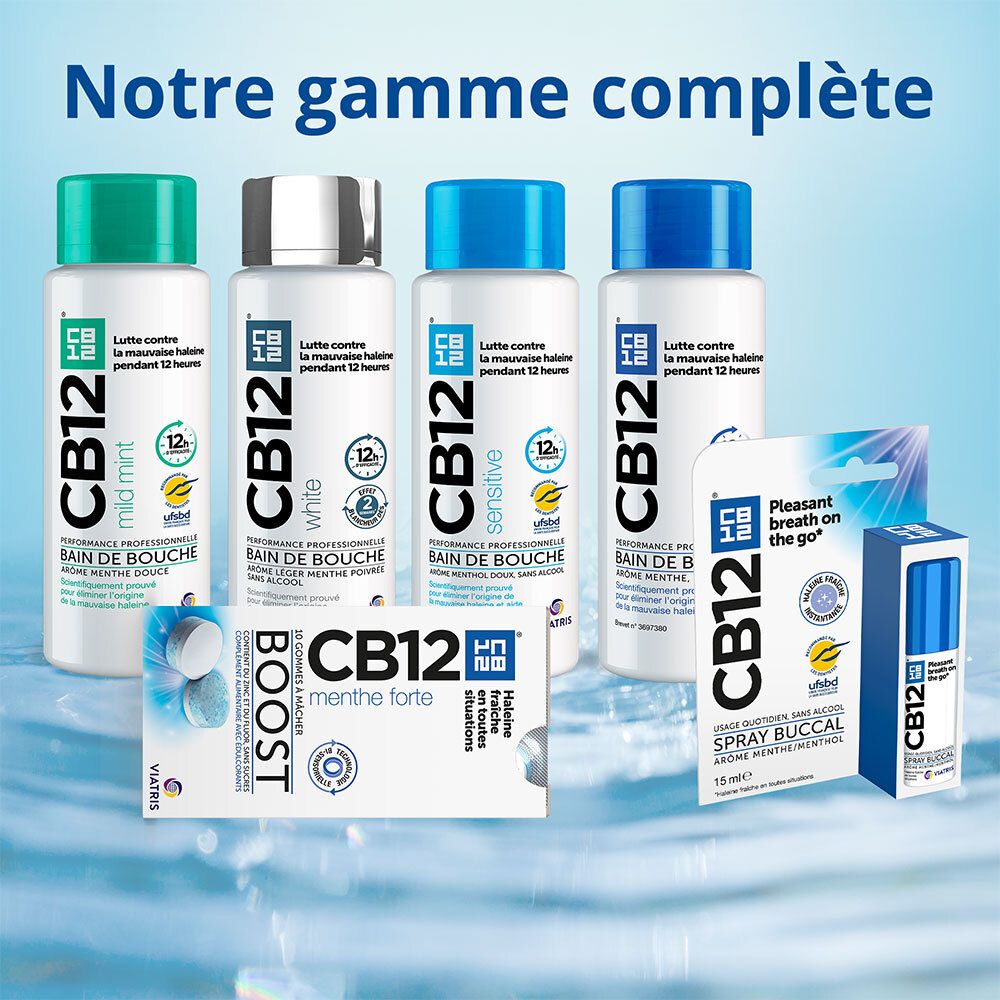 CB12 - Bain de bouche Sensitive - Lutte contre la mauvaise haleine pendant 12 heures pour les dents sensibles - Sans alcool - Arôme menthe légère - Flacon 250 ml