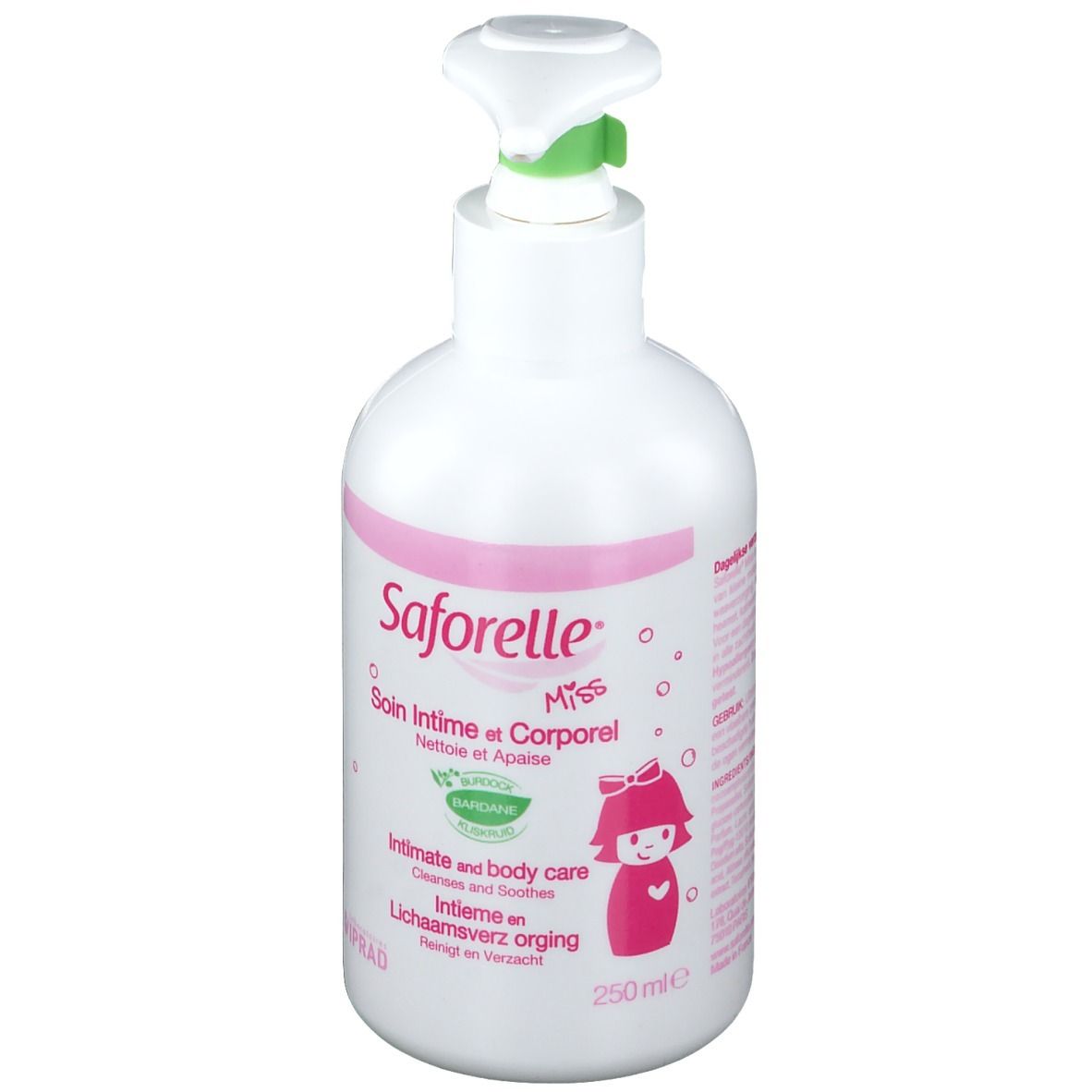 Flacon blanc avec pompe. Étiquette rose avec nom du produit et illustration. Texte : Soin intime et corporel. 250 ml.