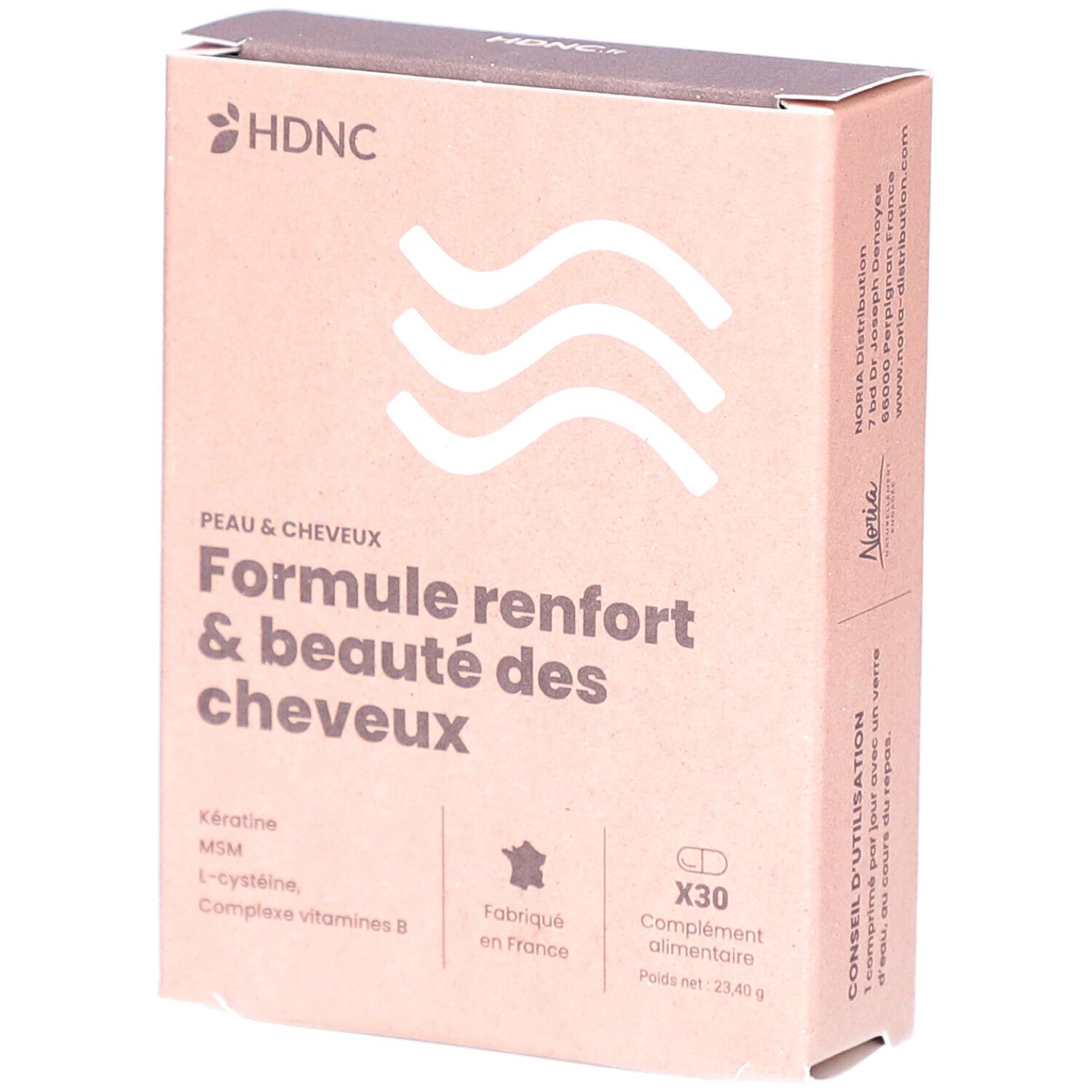 Kartonverpackung mit HDNC-Logo und Text: Formule renfort & beauté des cheveux. Enthält 30 Tabletten. Hergestellt in Frankreich.