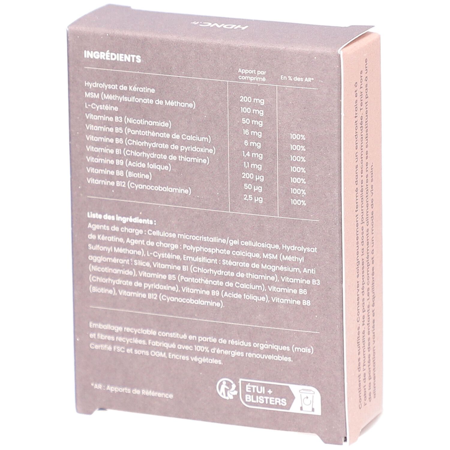 Rückseite der Kartonverpackung mit Inhaltsstoffen und Nährwertangaben. Enthält Hydrolysat de kératine, MSM, L-Cystein, Vitamine B.