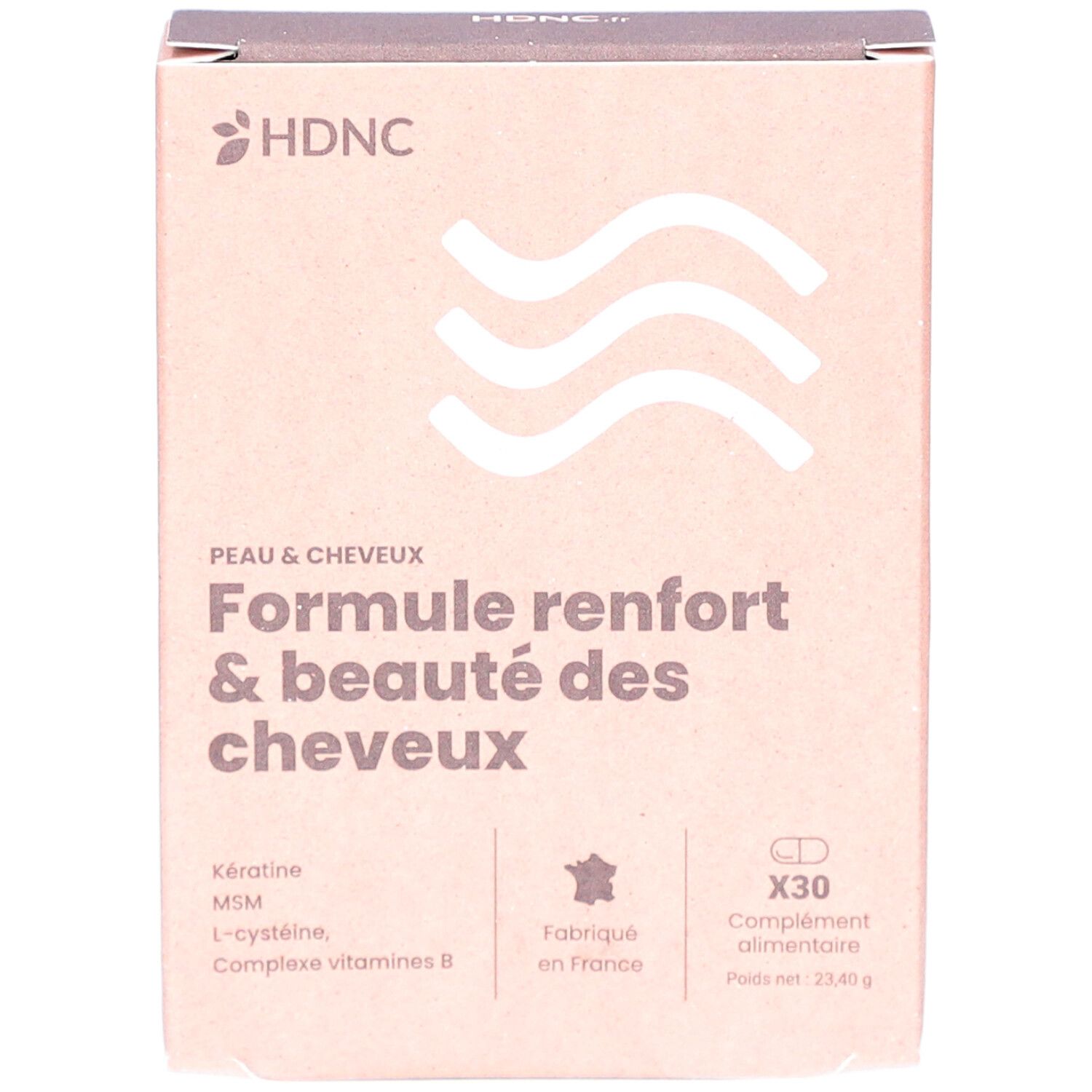 Kartonverpackung mit HDNC-Logo und Text: Formule renfort & beauté des cheveux. Enthält 30 Tabletten. Hergestellt in Frankreich.