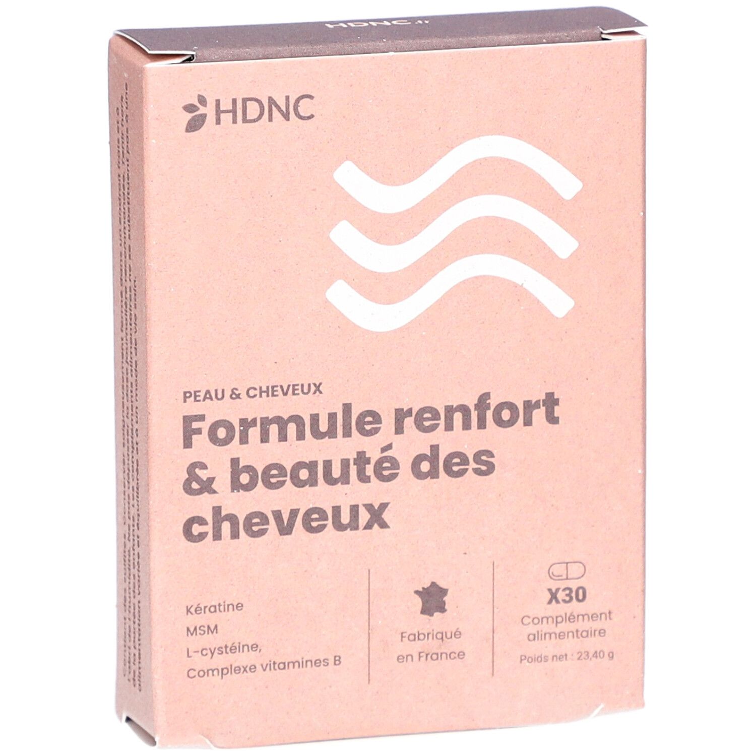 Kartonverpackung mit HDNC-Logo und Text: Formule renfort & beauté des cheveux. Enthält 30 Tabletten. Hergestellt in Frankreich.