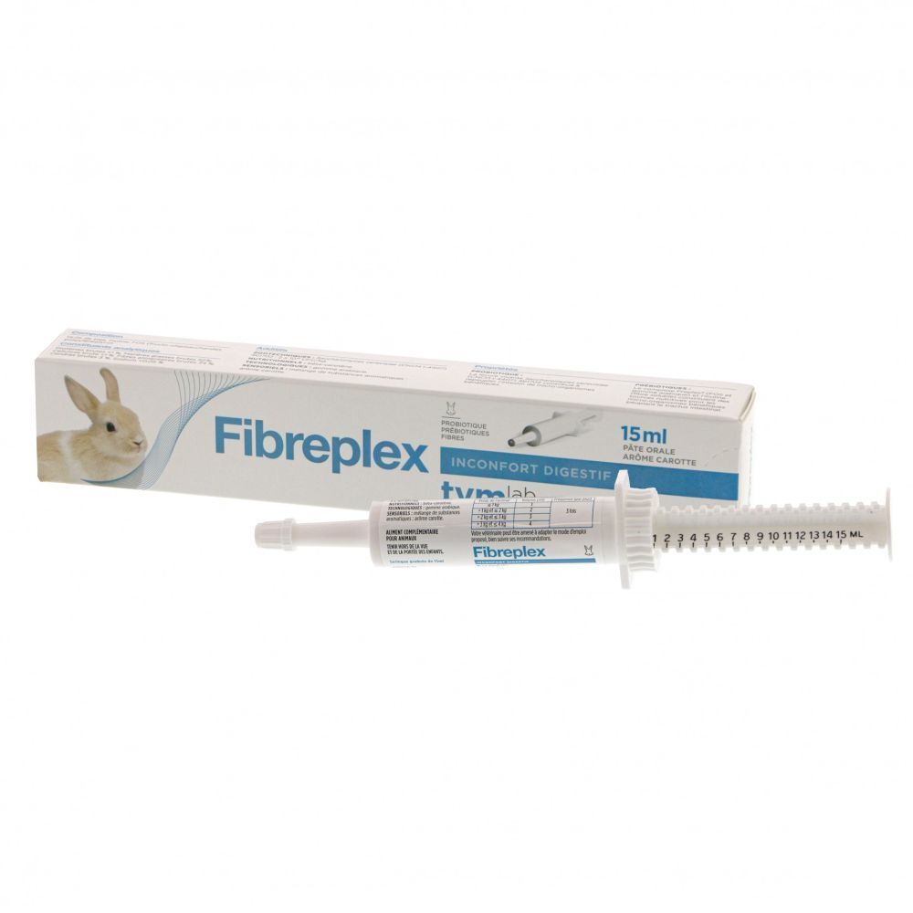 Produit Fibreplex avec seringue doseuse. Inscription Fibreplex, tvm. Seringue graduée 15ml. Emballage avec illustration de lapin.