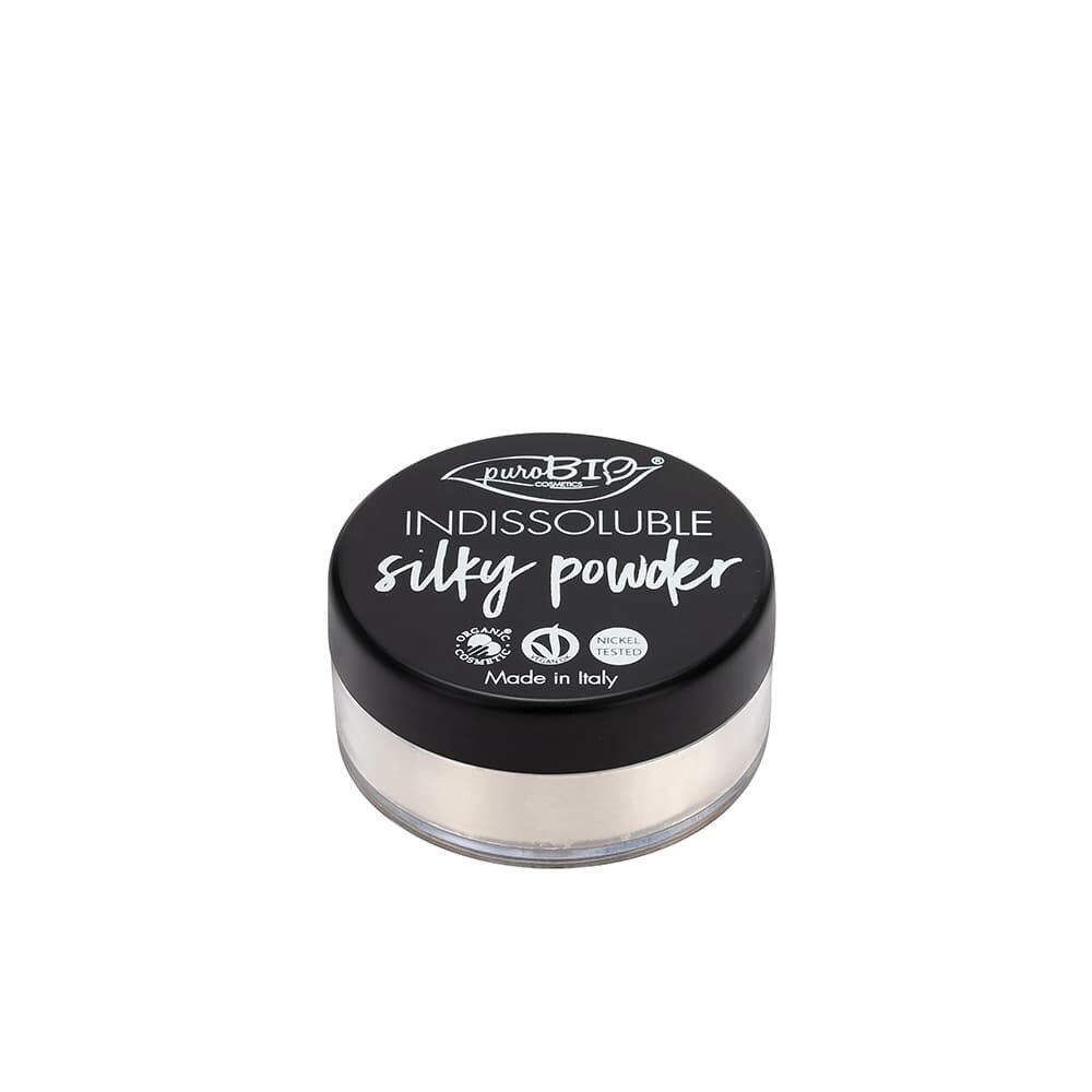 Boîte ronde noire avec poudre blanche. Couvercle avec inscription: Indissoluble silky powder. Sceaux et inscription: Made in Italy.