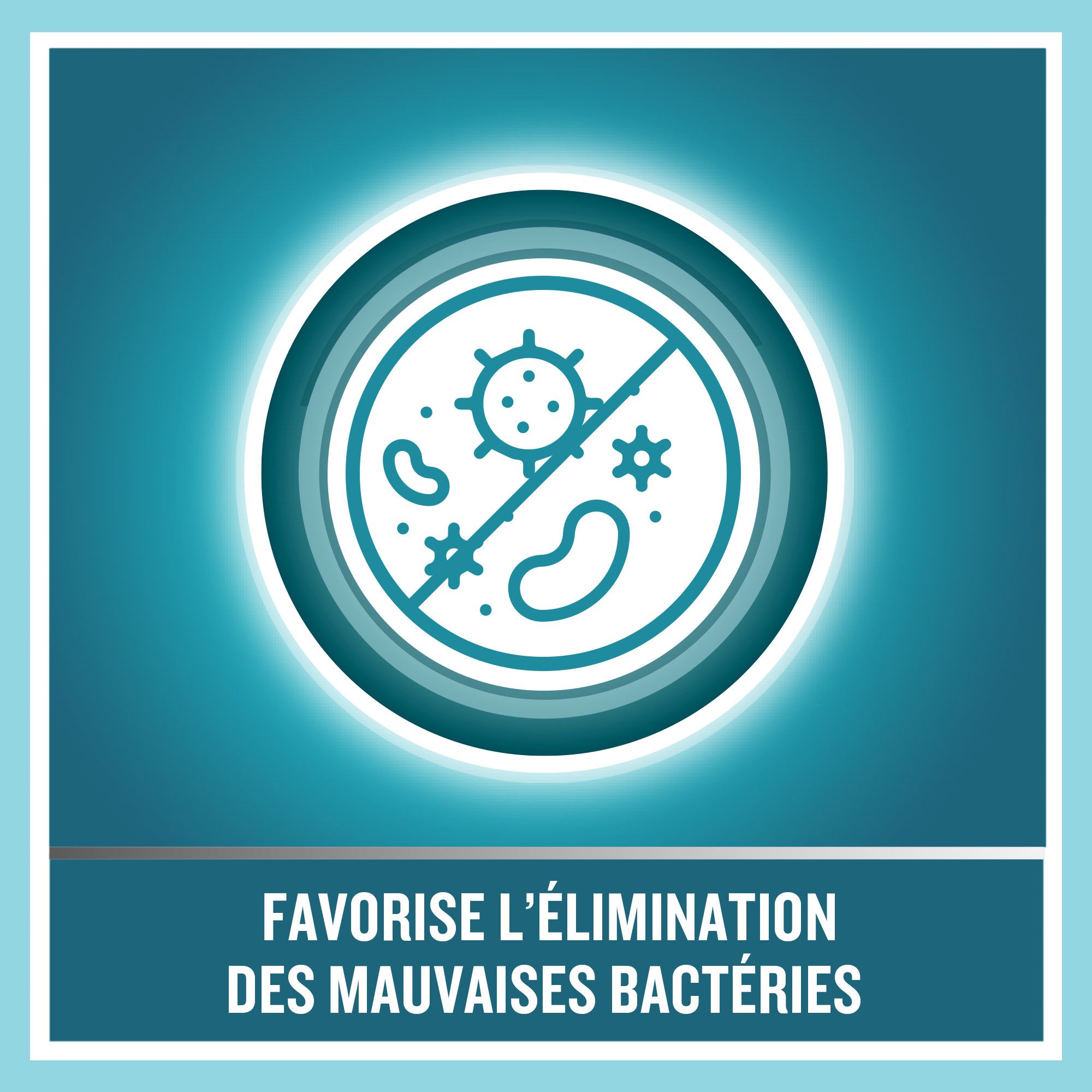 Symbole : bactéries dans un cercle avec symbole barré. Texte : Favorise l'élimination des mauvaises bactéries.