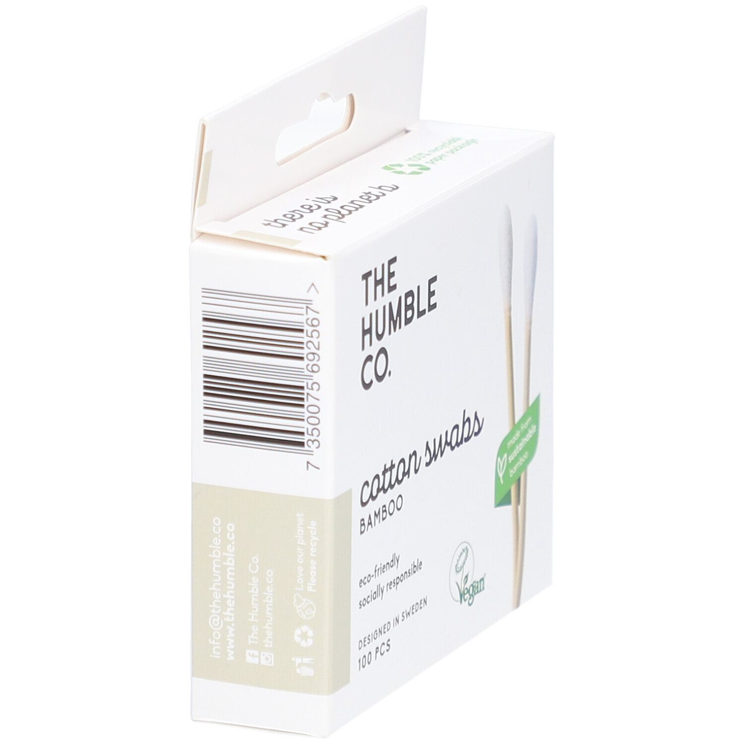 Boîte en carton blanche avec cotons-tiges en bambou. Inscription : The Humble Co., Cotton Swabs, Bambou, 100 pièces. Code-barres.