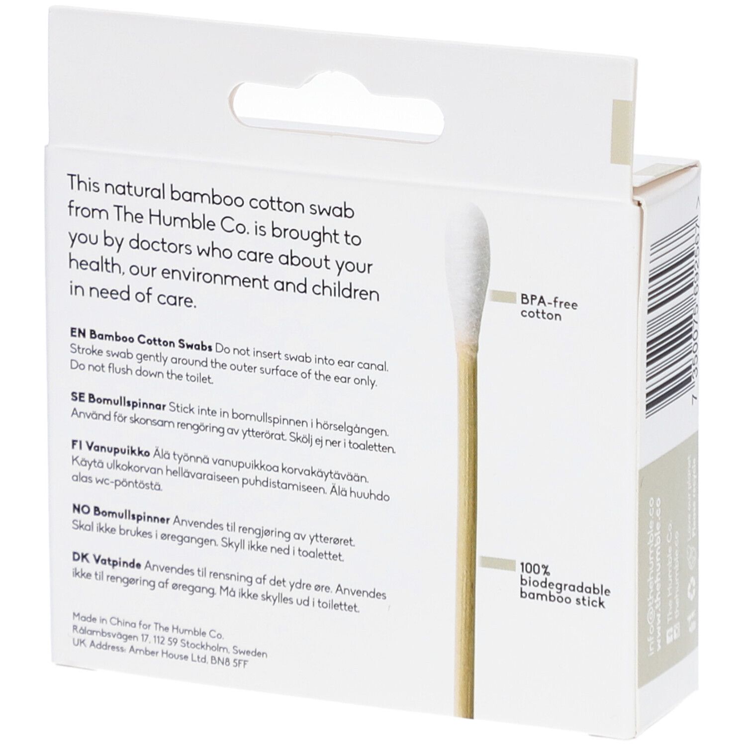 Dos de la boîte en carton blanche avec cotons-tiges en bambou. Texte multilingue. Inscriptions : Sans BPA, 100% biodégradable.
