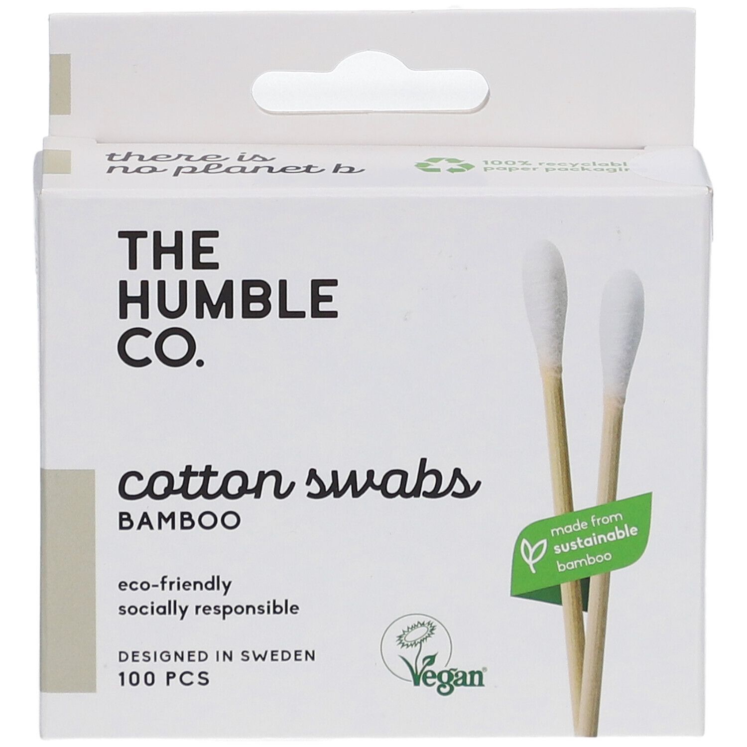 Boîte en carton blanche avec cotons-tiges en bambou. Inscription : The Humble Co., Cotton Swabs, Bambou, 100 pièces. Cotons-tiges visibles.