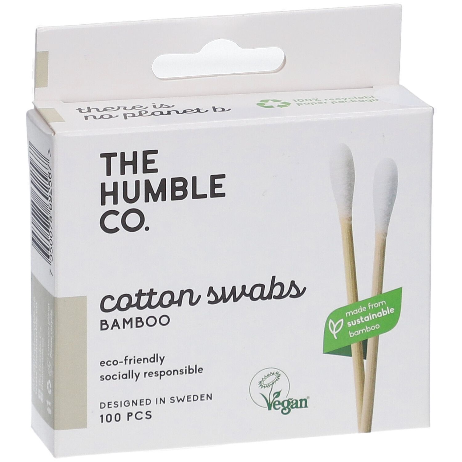 Boîte en carton blanche avec cotons-tiges en bambou. Inscription : The Humble Co., Cotton Swabs, Bambou, 100 pièces. Logo vert.