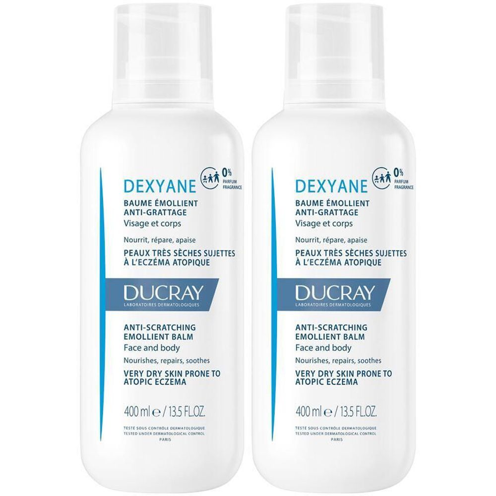 Deux flacons blancs DUCRAY DEXYANE Baume. Anti-grattage, visage et corps, pour peaux très sèches sujettes à l'eczéma atopique.