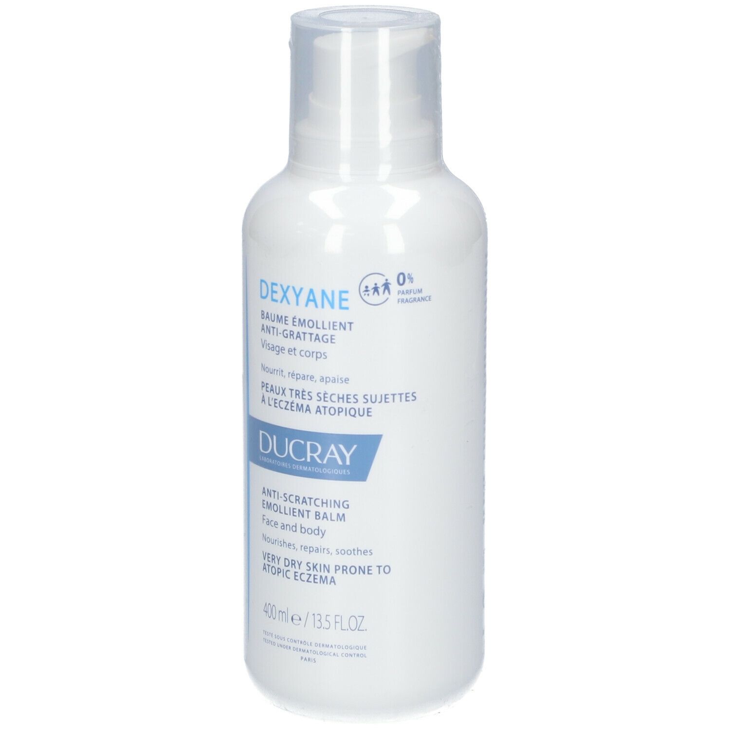 Flacon blanc DUCRAY DEXYANE Baume. Anti-grattage, visage et corps, pour peaux très sèches sujettes à l'eczéma atopique.