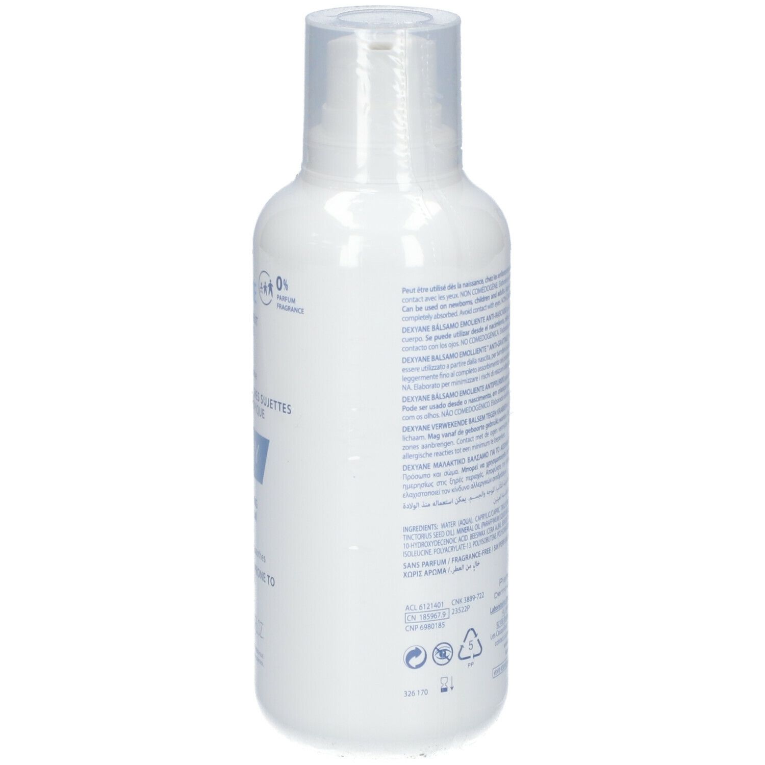 Dos du flacon blanc DUCRAY DEXYANE Baume. Texte multilingue. Informations fabricant.