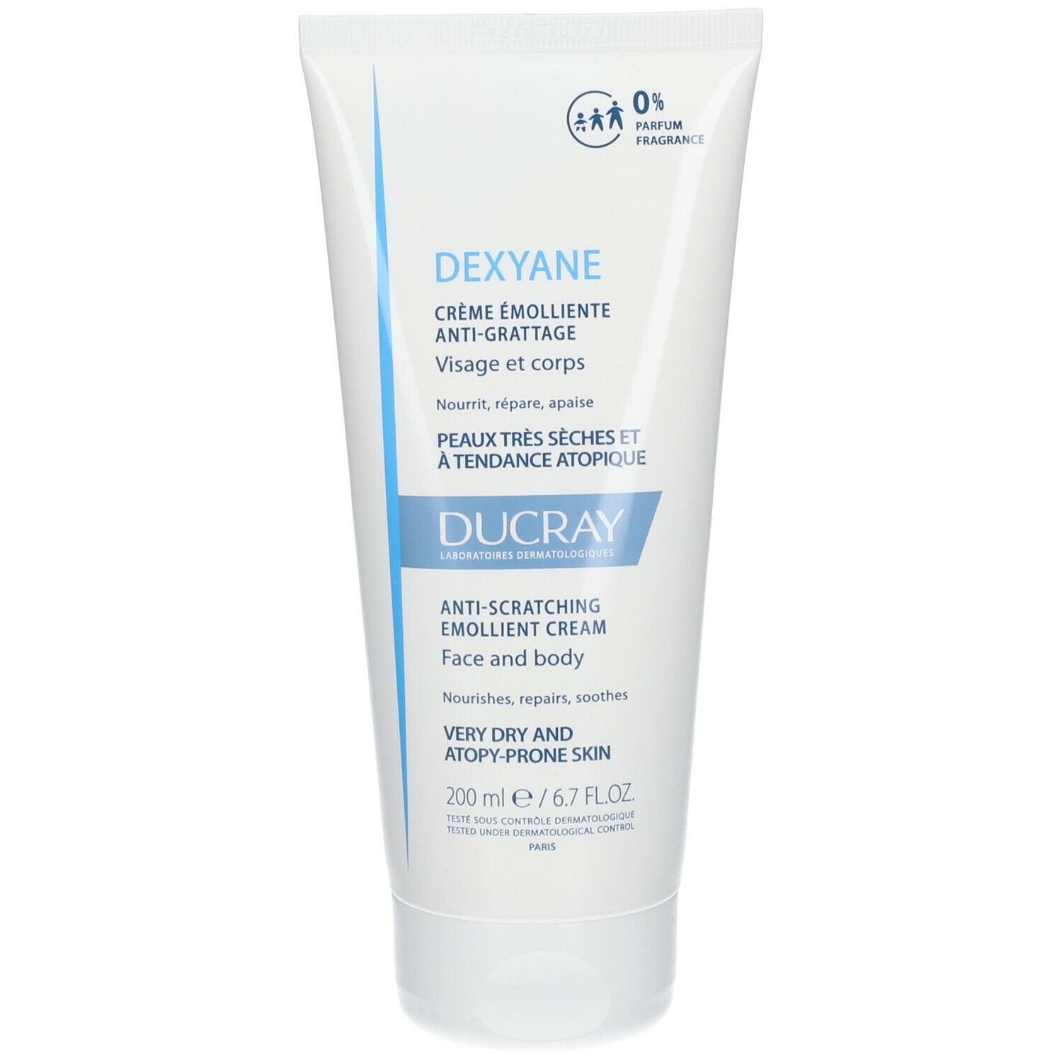 Weichmachende Creme-Tube. Weiß, mit blauer Beschriftung. Enthält DEXYANE, für Gesicht und Körper. 200 ml.