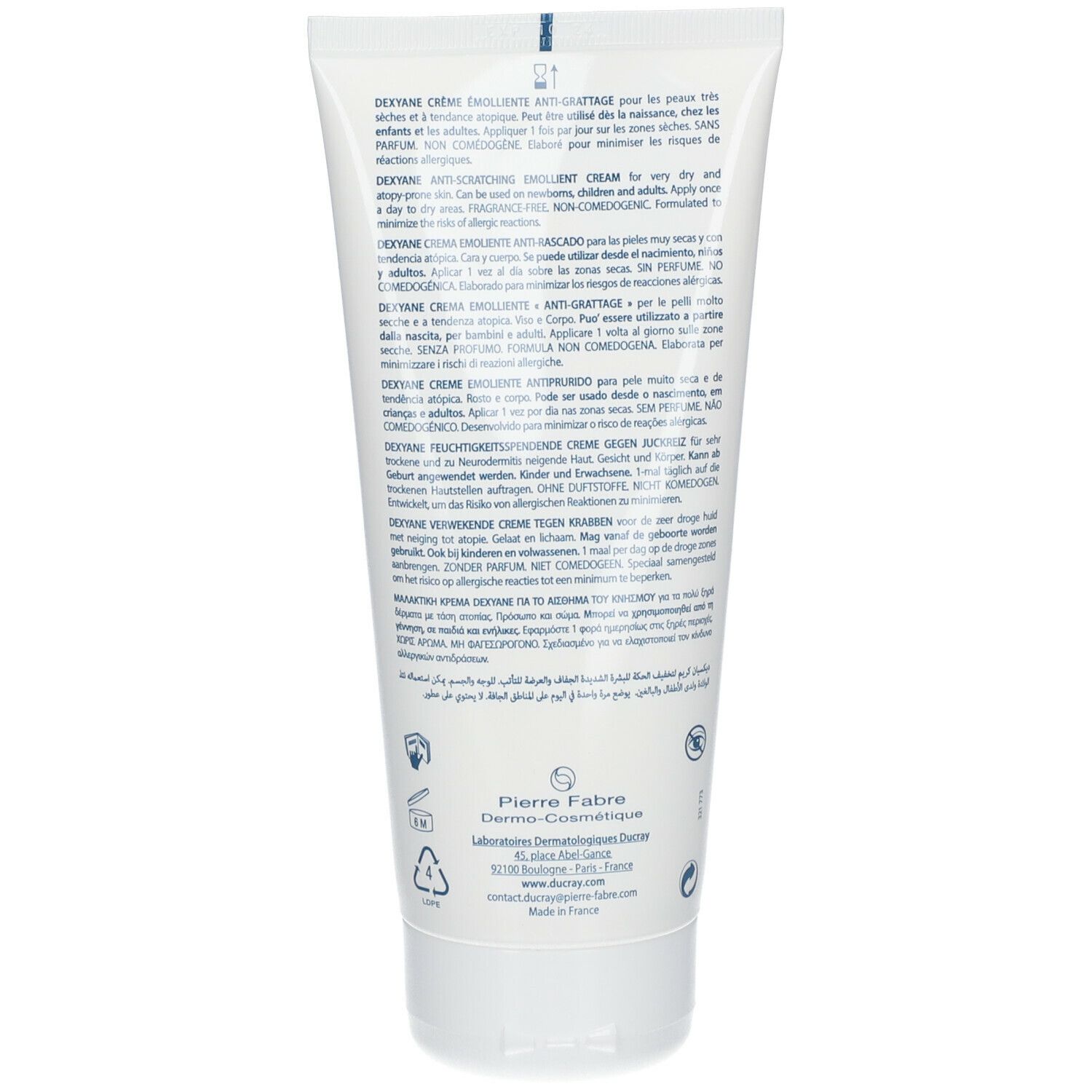 Rückseite der Creme-Tube. Text in mehreren Sprachen. Enthält Informationen zu Inhaltsstoffen und Anwendung.