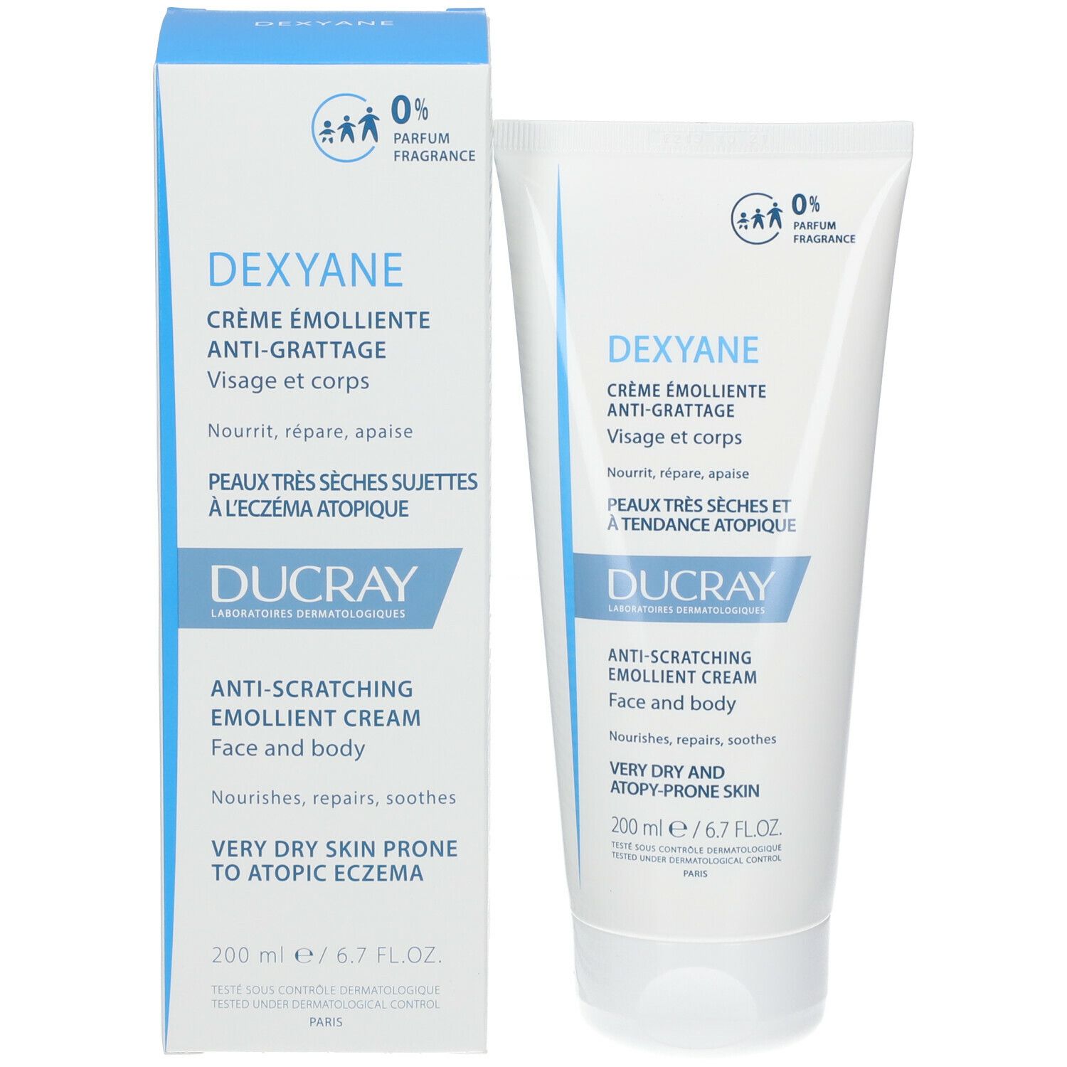 Kartonverpackung und Creme-Tube. Enthält DEXYANE, für Gesicht und Körper. 200 ml.