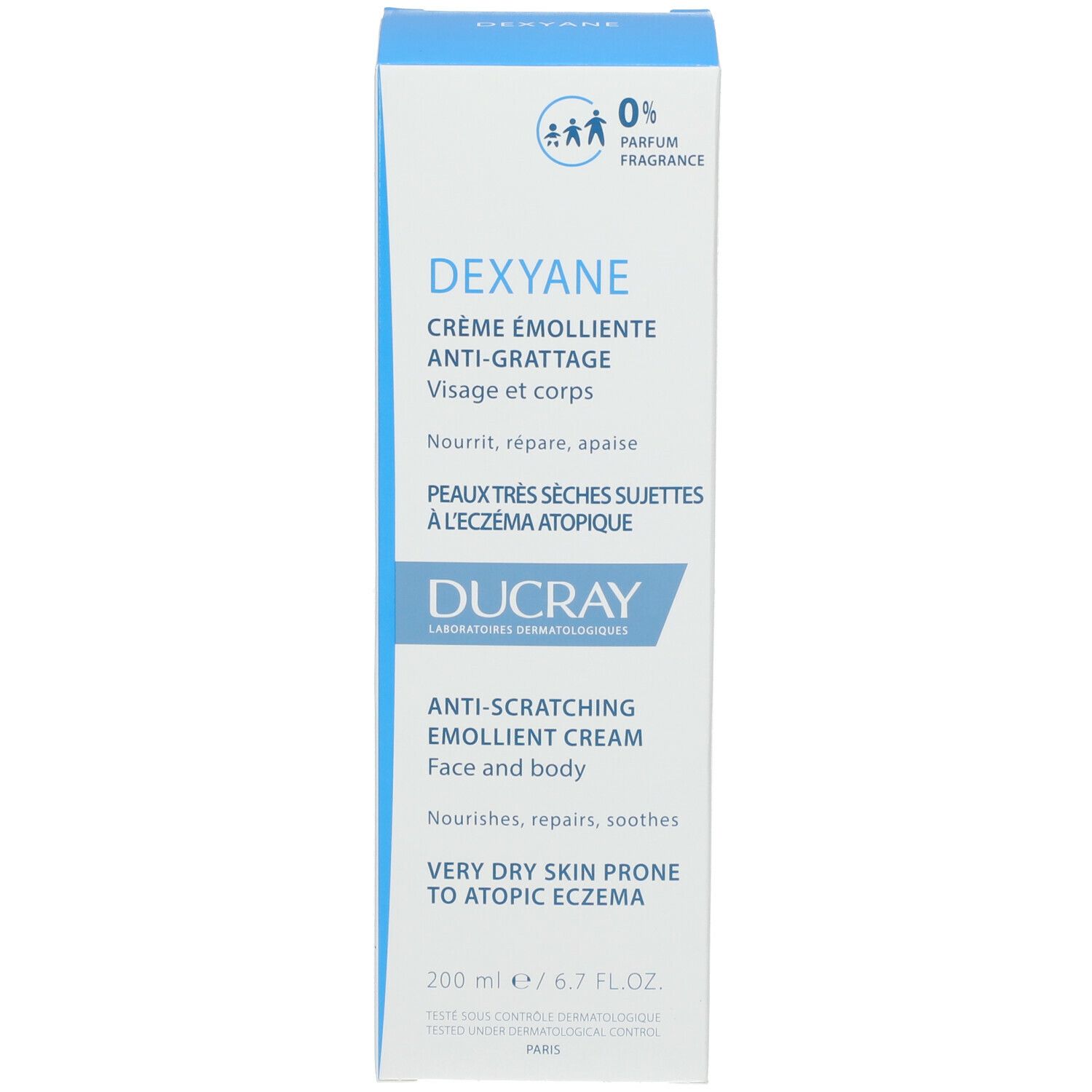 Kartonverpackung. Enthält DEXYANE, für Gesicht und Körper. 200 ml. Text: 0% Parfüm.
