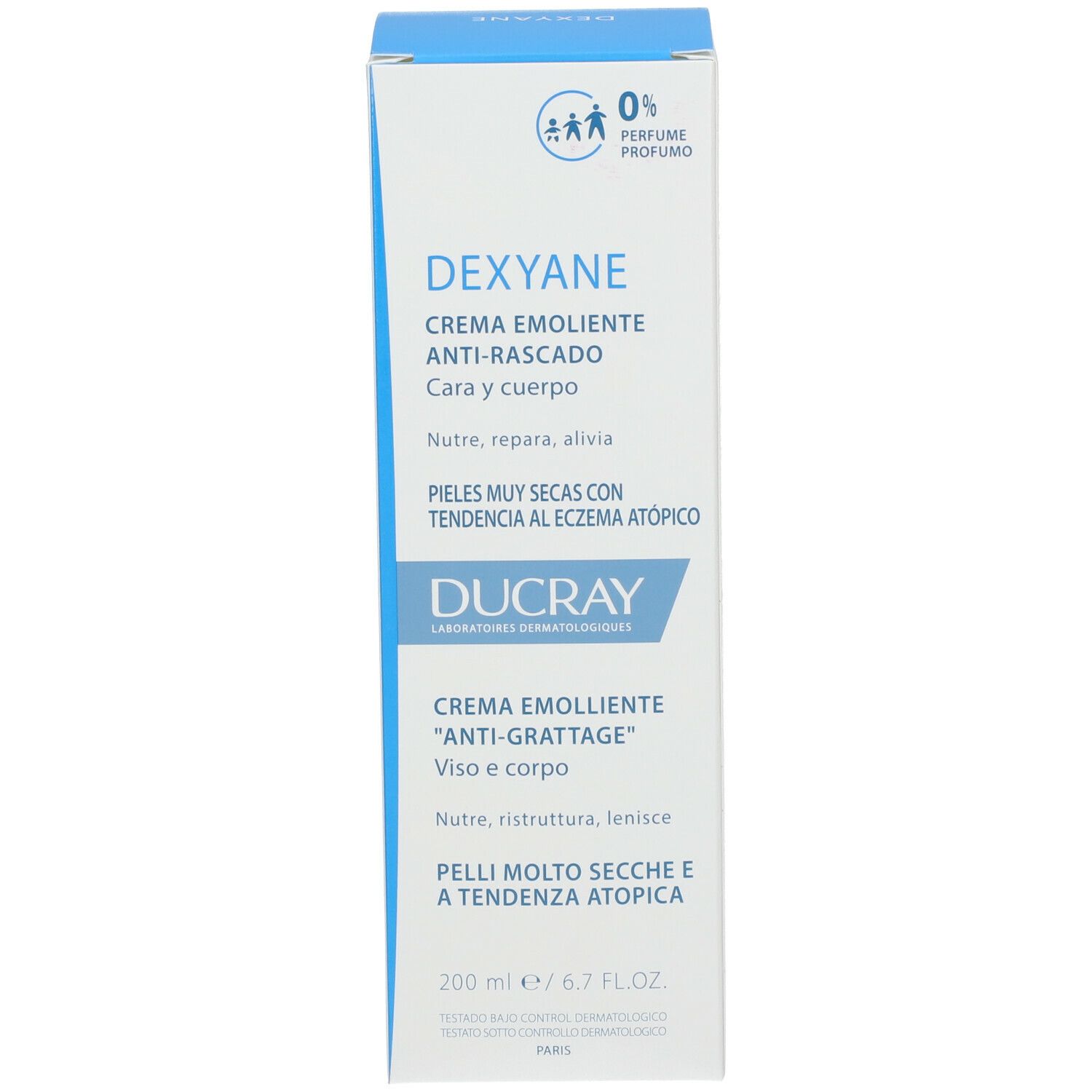 Kartonverpackung. Enthält DEXYANE, für Gesicht und Körper. 200 ml. Text: 0% Parfüm.