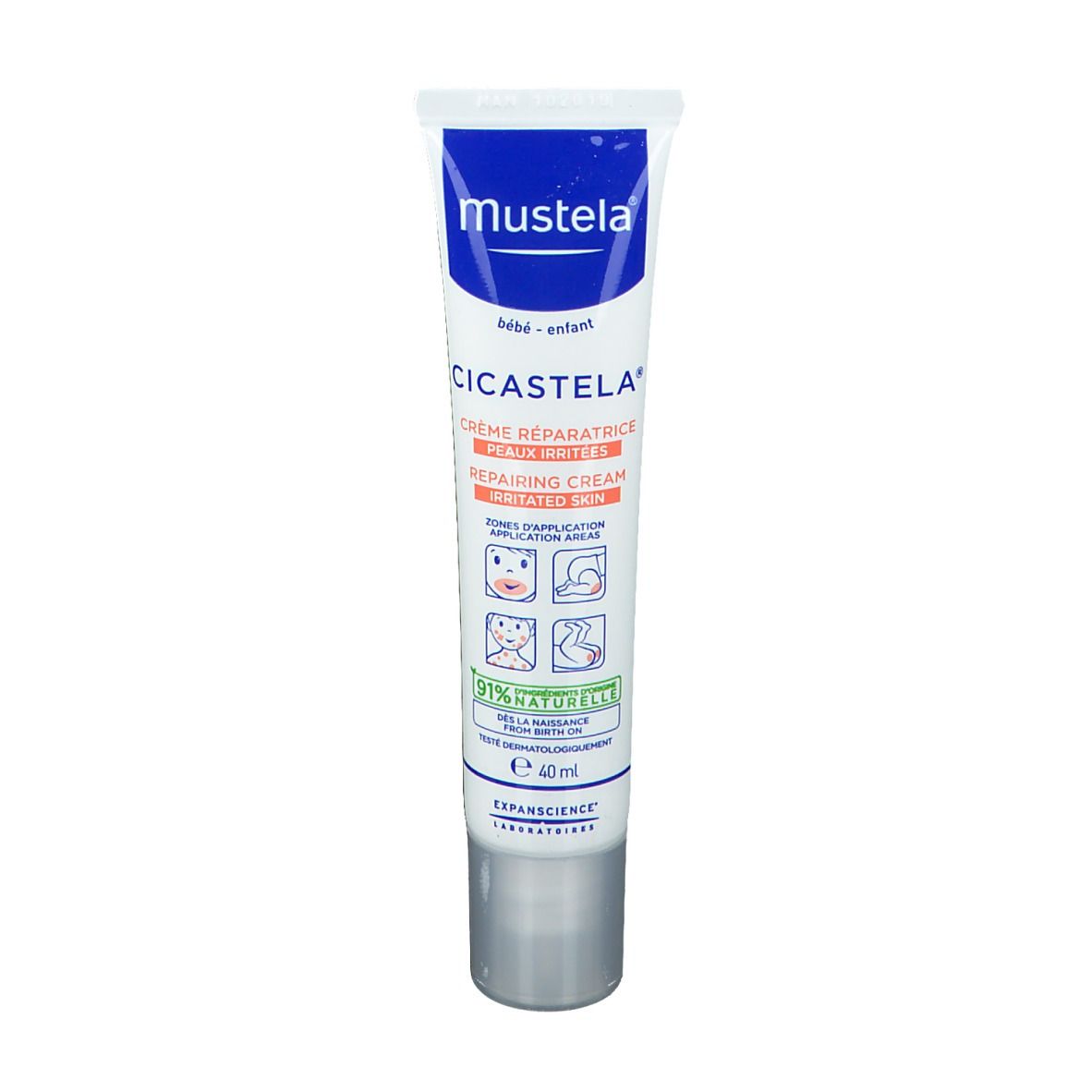 Tube de crème réparatrice Mustela CICASTELA. Emballage bleu et blanc. Contient 40 ml. Pour peaux irritées.
