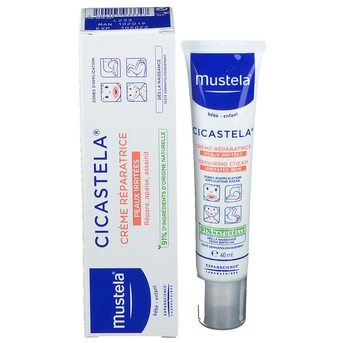 Mustela CICASTELA crème réparatrice avec emballage. Tube et boîte. Pour peaux irritées. 40 ml.