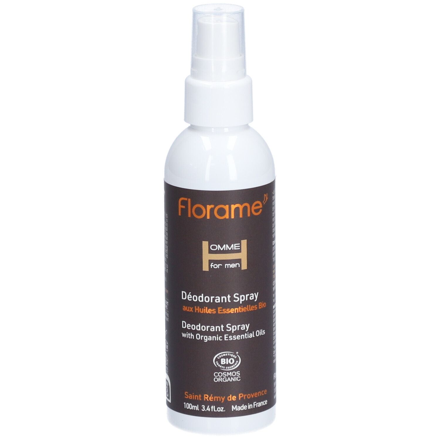 Déodorant spray blanc Florame pour hommes. Étiquette marron avec texte et logo. Certification bio.