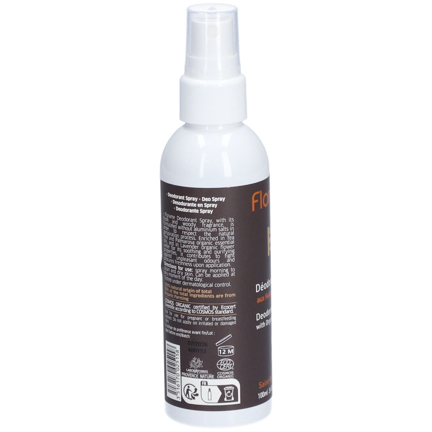 Dos du déodorant spray blanc Florame. Étiquette marron avec texte. Certification bio et avertissements.