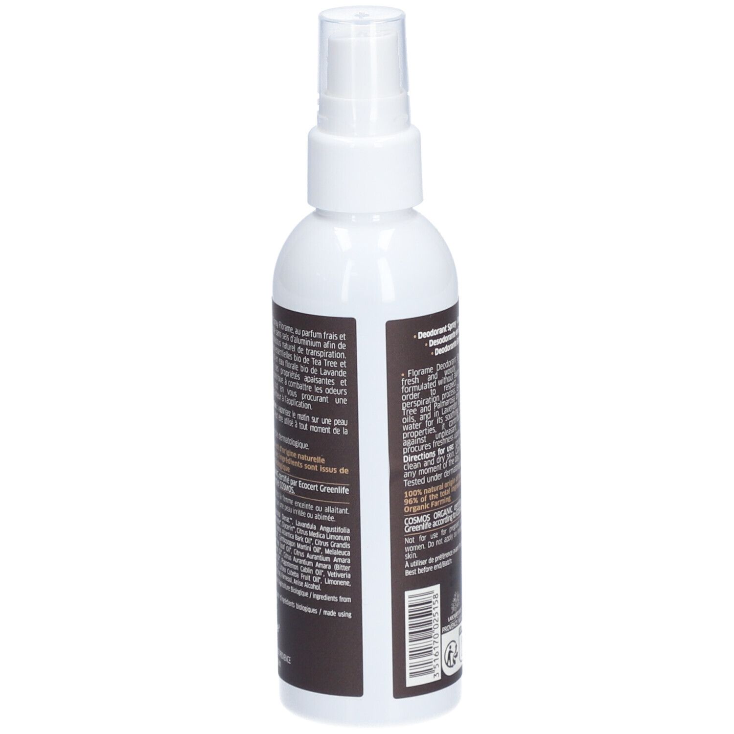 Dos du déodorant spray blanc Florame. Étiquette marron avec texte. Certification bio et avertissements.