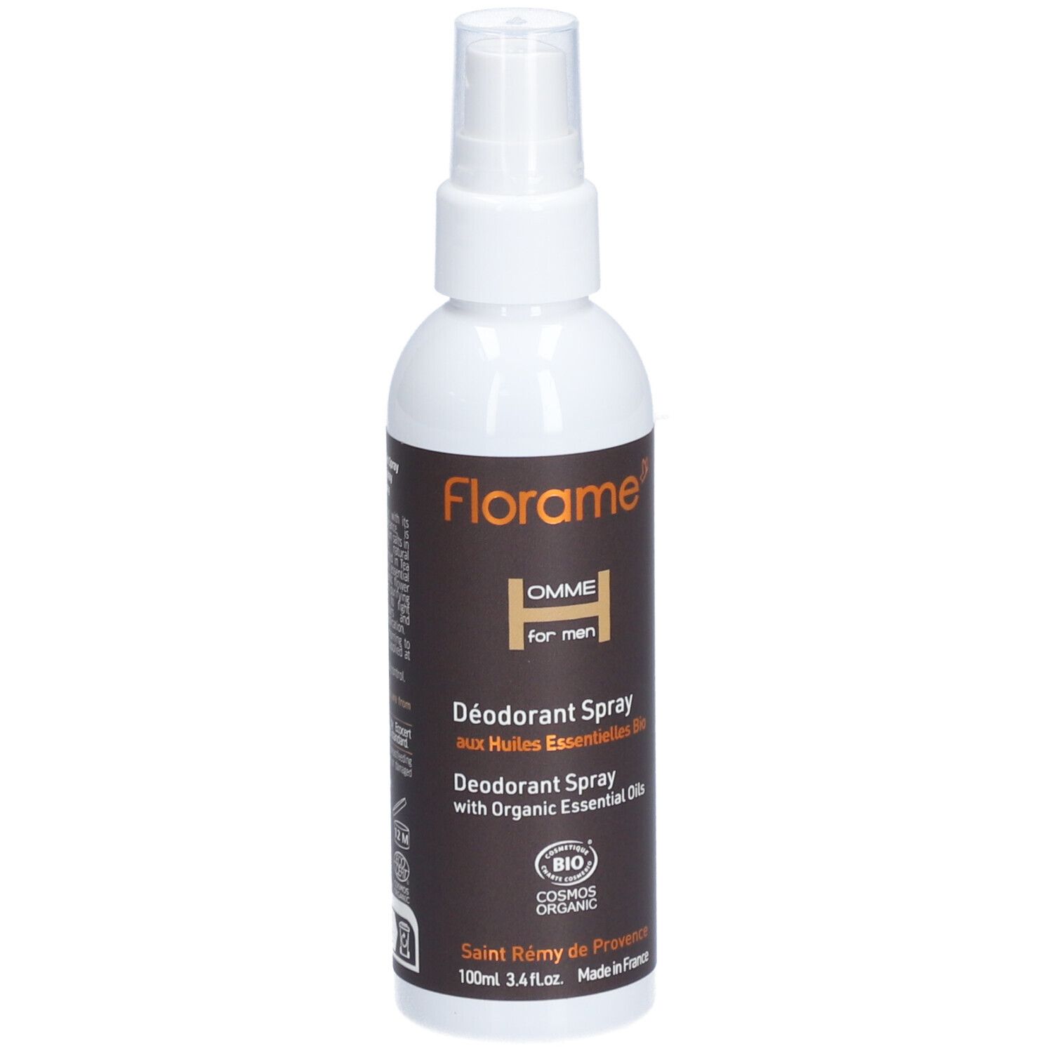 Déodorant spray blanc Florame pour hommes. Étiquette marron avec texte et logo. Certification bio.