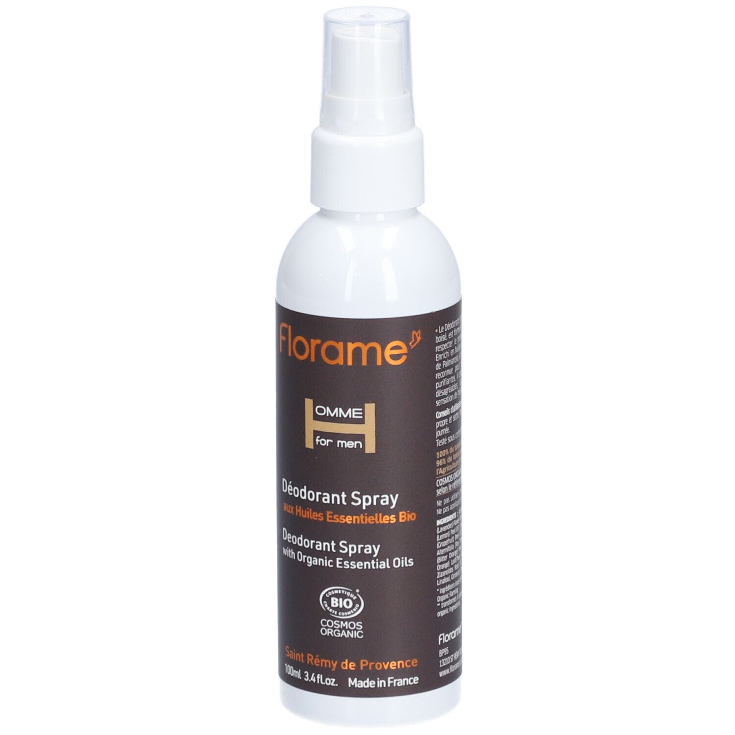 Déodorant spray blanc Florame pour hommes. Étiquette marron avec texte et logo. Certification bio.
