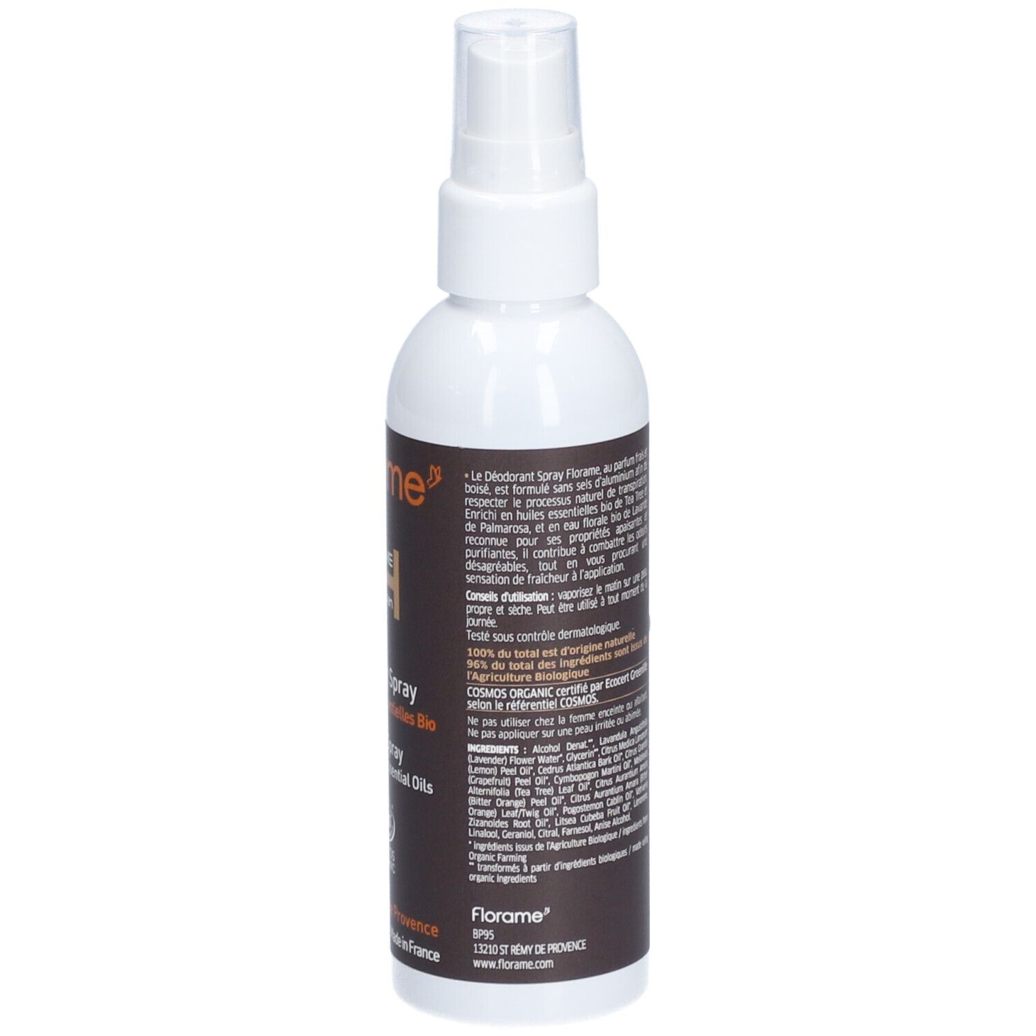 Dos du déodorant spray blanc Florame. Étiquette marron avec texte. Certification bio et avertissements.