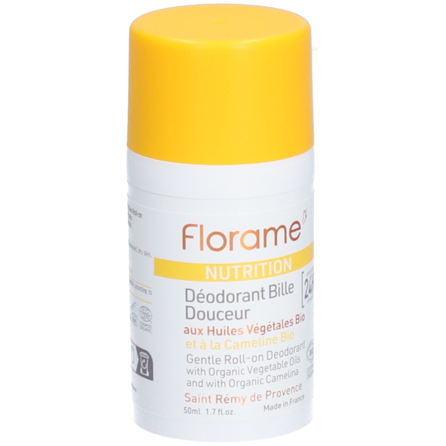 Florame Nutrition Deodorant Bille Douce Roll-on mit Bio-Pflanzenölen und Bio-Kameliendöl. 50ml.