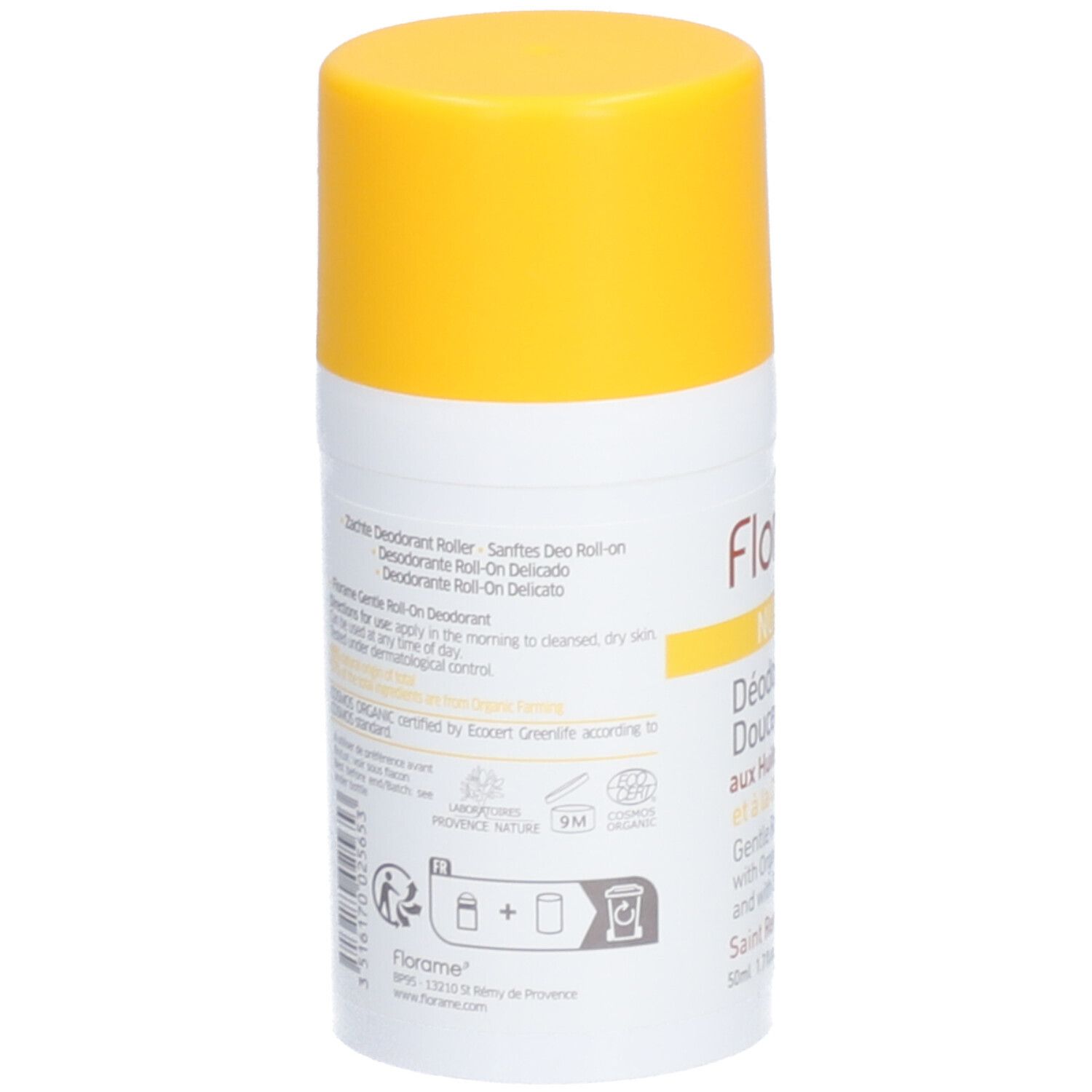 Florame Roll-On Deodorant mit gelbem Verschluss. Beschriftung in mehreren Sprachen.