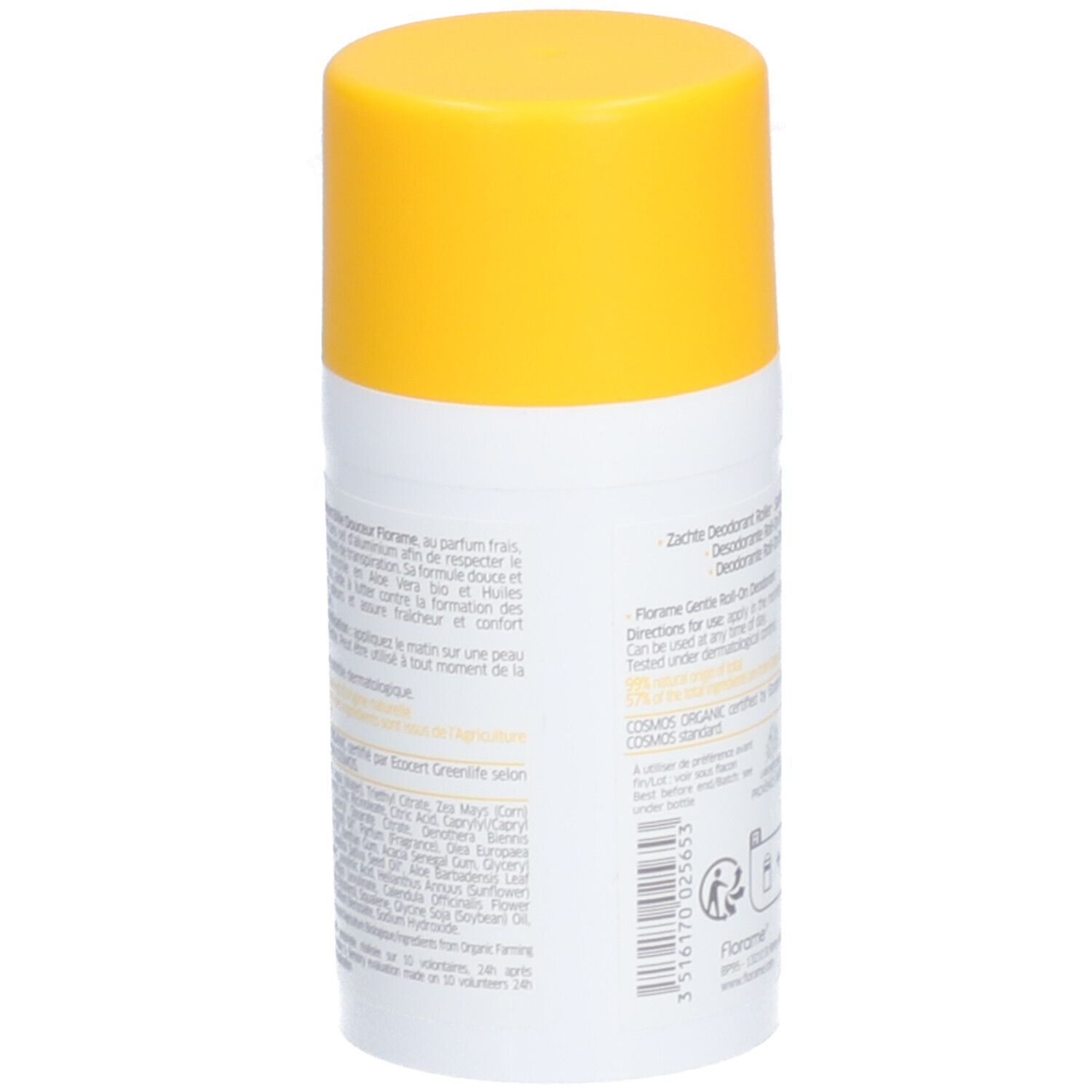 Weißer Deostick mit gelbem Deckel. Enthält COSMOS ORGANIC Zertifizierung.