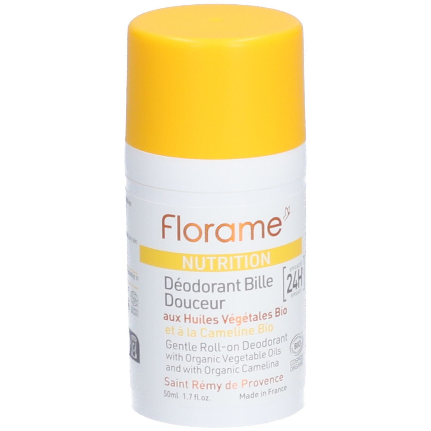 Florame Nutrition sanfter Roll-on Deodorant mit Bio-Pflanzenölen und Bio-Leindotter. 50ml.