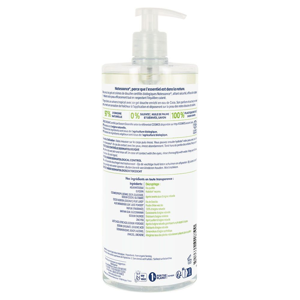 Rückseite des Duschgel-Behälters. Text mit Inhaltsstoffen, Zertifizierungen und Recycling-Symbolen.