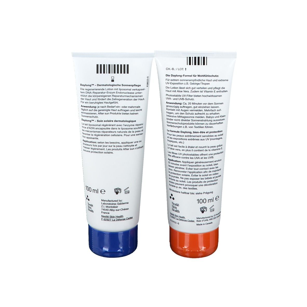 Dos de deux tubes Daylong®. Informations et ingrédients imprimés. Bouchons bleus et orange.