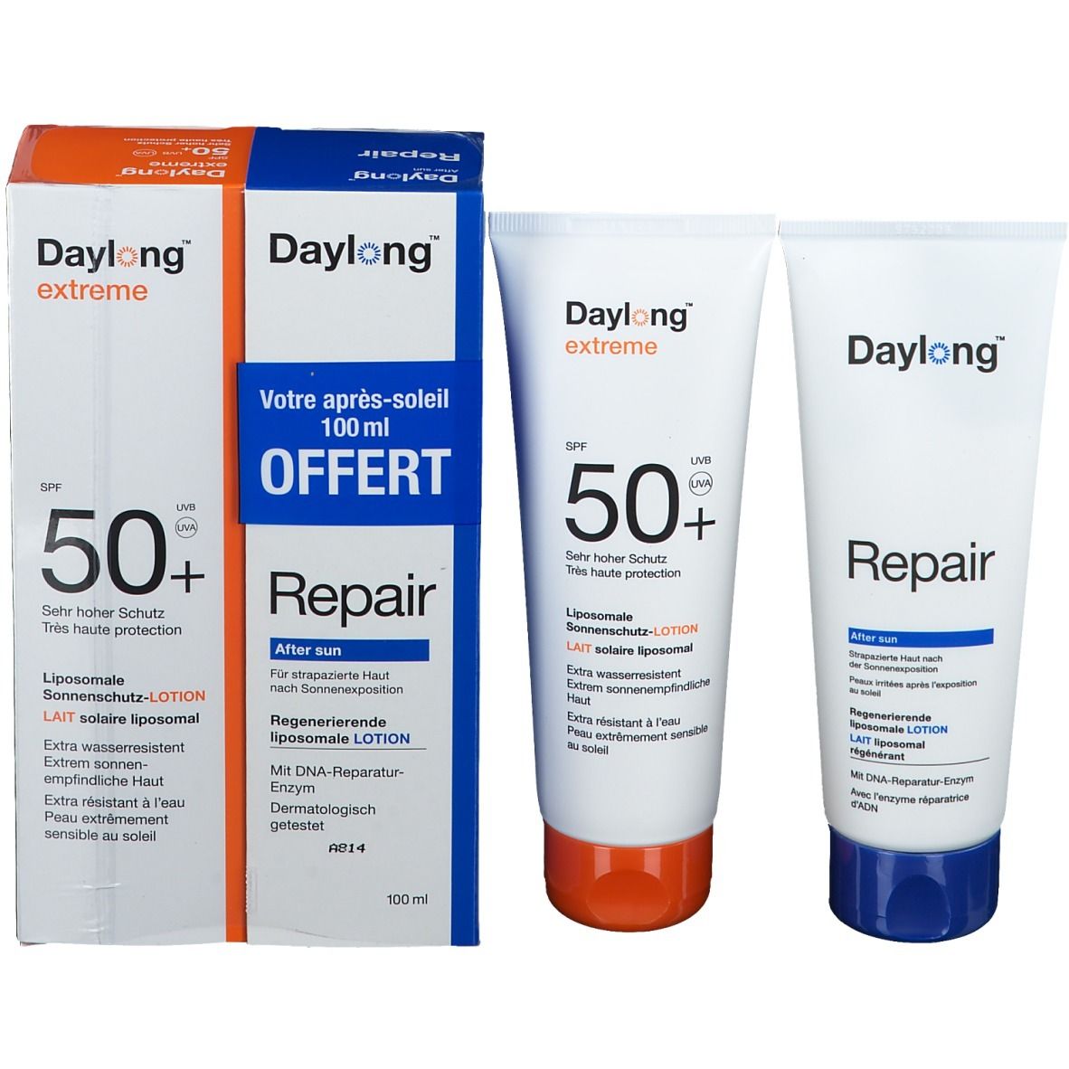 Tubes Daylong® Extreme et Repair avec emballage. SPF 50+ et indication Repair. Pack de 100 ml.