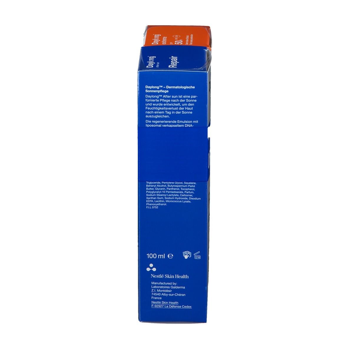 Vue latérale de l'emballage Daylong®. Informations et ingrédients du produit. Éléments bleus et orange.