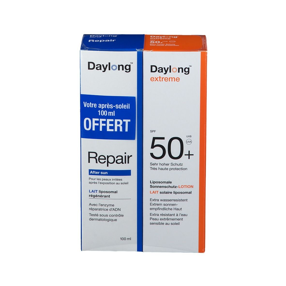 Emballage Daylong® Extreme et Repair. SPF 50+ et indication Repair. Pack de 100 ml. Offre.
