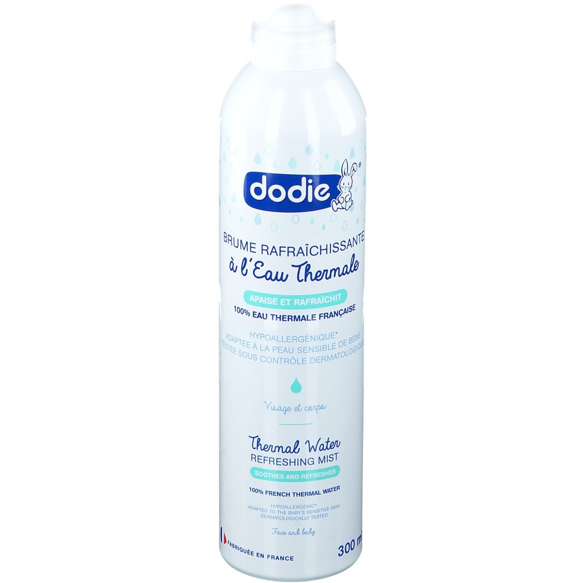 Weiße Sprühflasche mit dodie®-Logo und Text. "Brume Rafraîchissante à l'Eau Thermale". 300 ml.