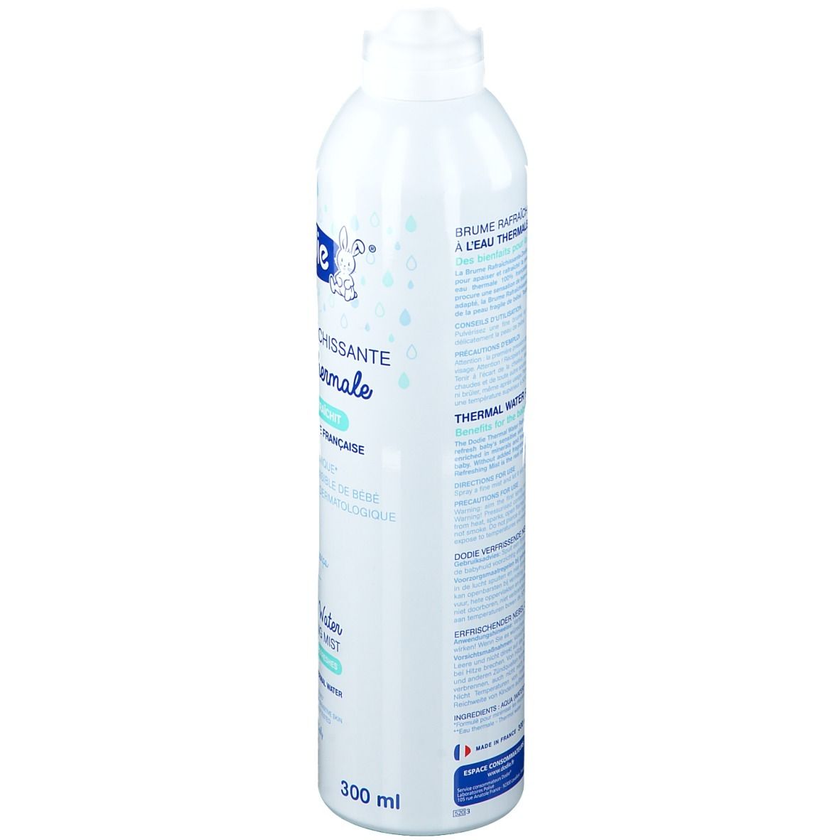 Weiße Sprühflasche mit Text. Rückseite mit Produktinformationen in mehreren Sprachen. 300 ml.