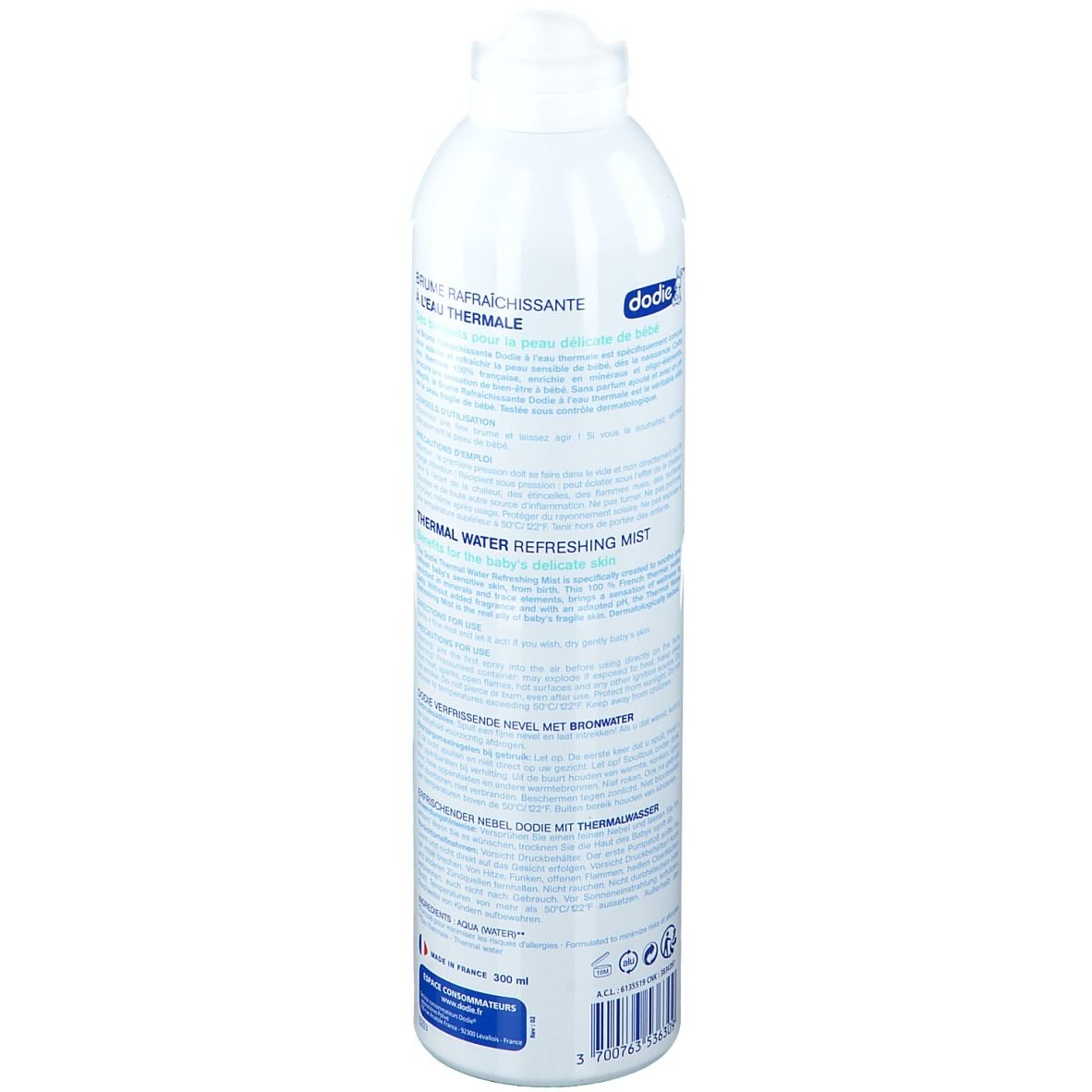 Weiße Sprühflasche mit Text. Rückseite mit Produktinformationen in mehreren Sprachen. 300 ml.