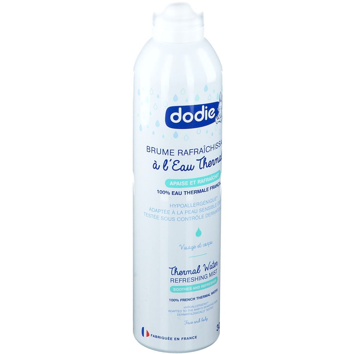 Weiße Sprühflasche mit dodie®-Logo und Text. "Brume Rafraîchissante à l'Eau Thermale". 50 ml.
