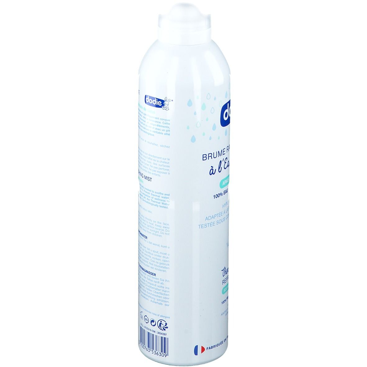 Weiße Sprühflasche mit Text. Rückseite mit Produktinformationen in mehreren Sprachen. 50 ml.