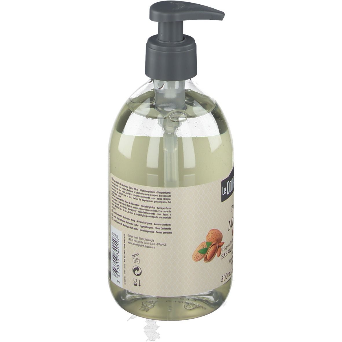 Rückseite einer transparenten Seifenflasche mit Pumpe. Etikett mit Text und Inhaltsangaben. 500 ml.