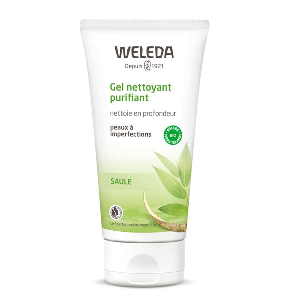 Gel nettoyant purifiant Weleda, tube blanc et vert. Texte: nettoie en profondeur, peaux à imperfections, saule.