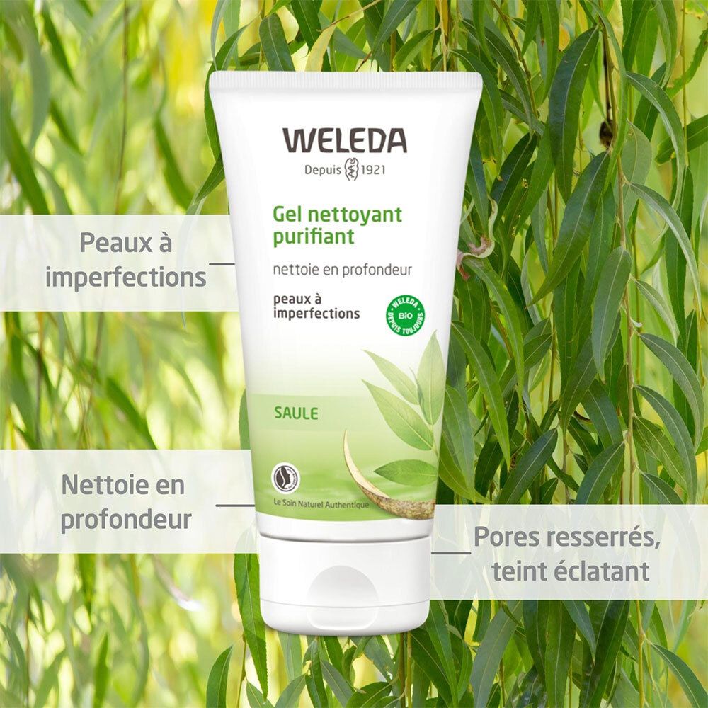 Gel nettoyant purifiant Weleda devant des branches de saule. Texte: nettoie en profondeur, peaux à imperfections.