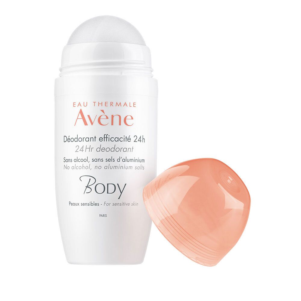 Roll-on déodorant blanc avec bouchon rose détaché. Inscription: Eau Thermale Avène, Déodorant efficacité 24h, Body. Pour peaux sensibles.