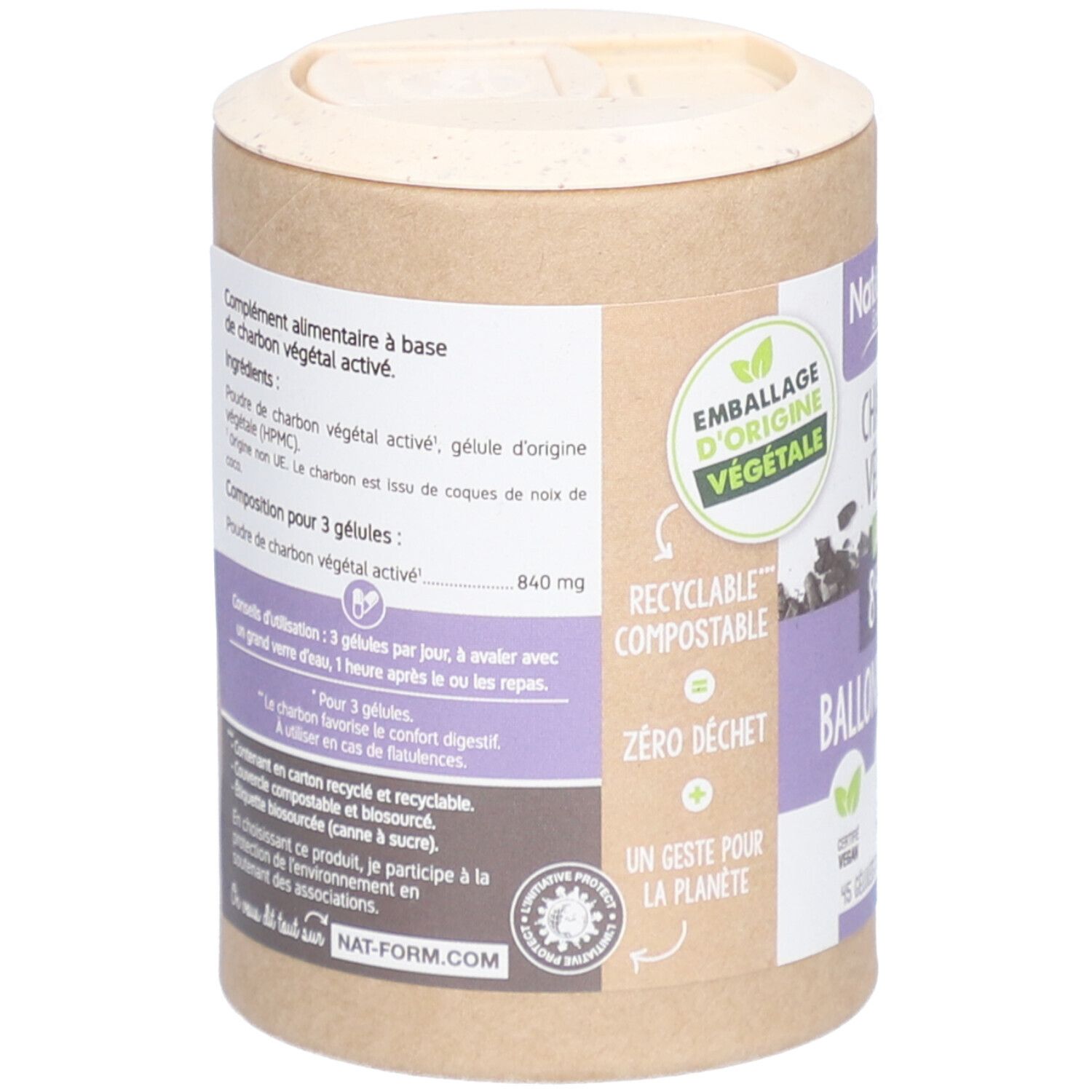 Dos de la boîte avec informations produit. Texte: complément alimentaire à base de charbon végétal activé. Recyclable, compostable.