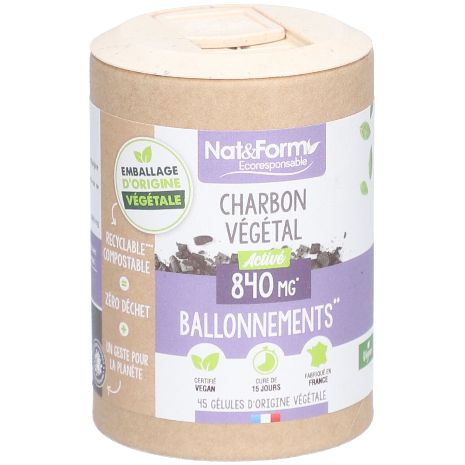 Boîte cylindrique avec informations produit. Inscription: Charbon Végétal Active 840 mg, Ballonnement. Vegan, 45 gélules.
